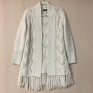 Fylo Cream Pattern Wool Blend Fringe Bottom Open Front Cardigan. Sz M
